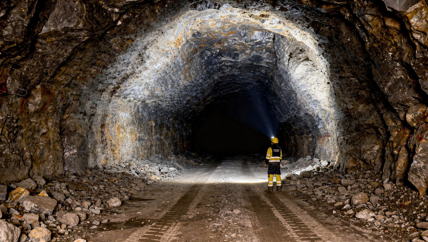 A miner in hi-vis walking into a lit underground decline, headlamp beam cutting the dark rock tunnel ahead.