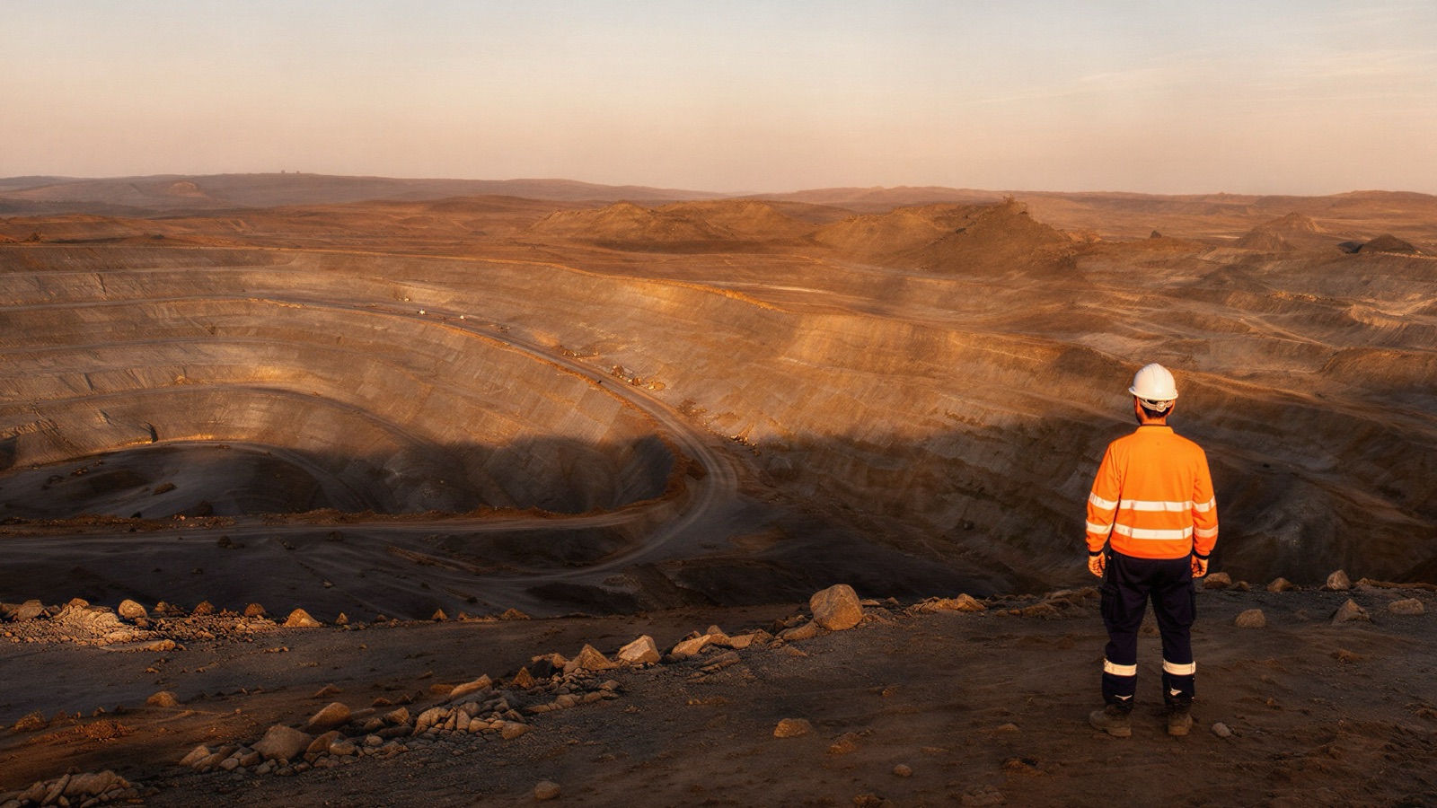 A mine worker in hi-vis and a hard hat standing at the edge of a large open-pit mine at sunset, looking out over the terraced pit.