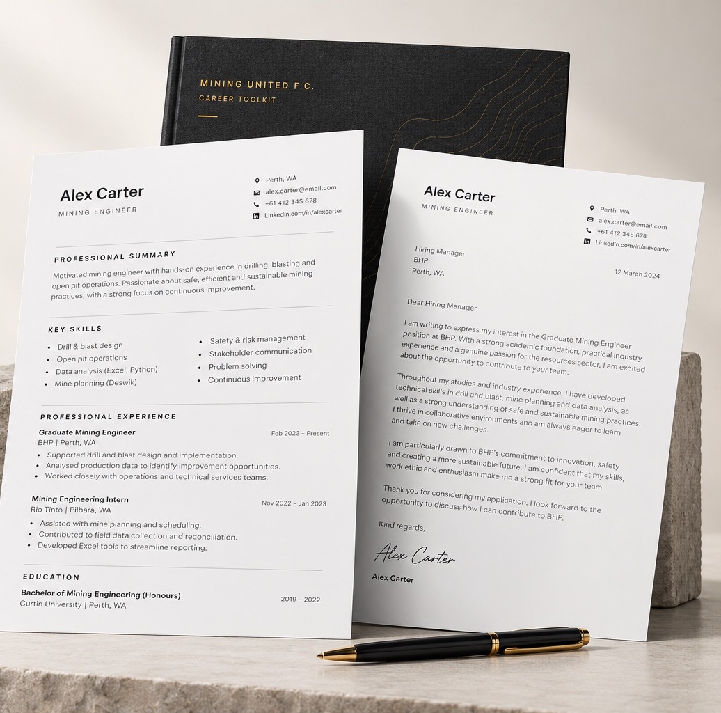 CV & Cover Letter Toolkit — professional mining CV and cover letter on a stone desk with a black-and-gold pen.