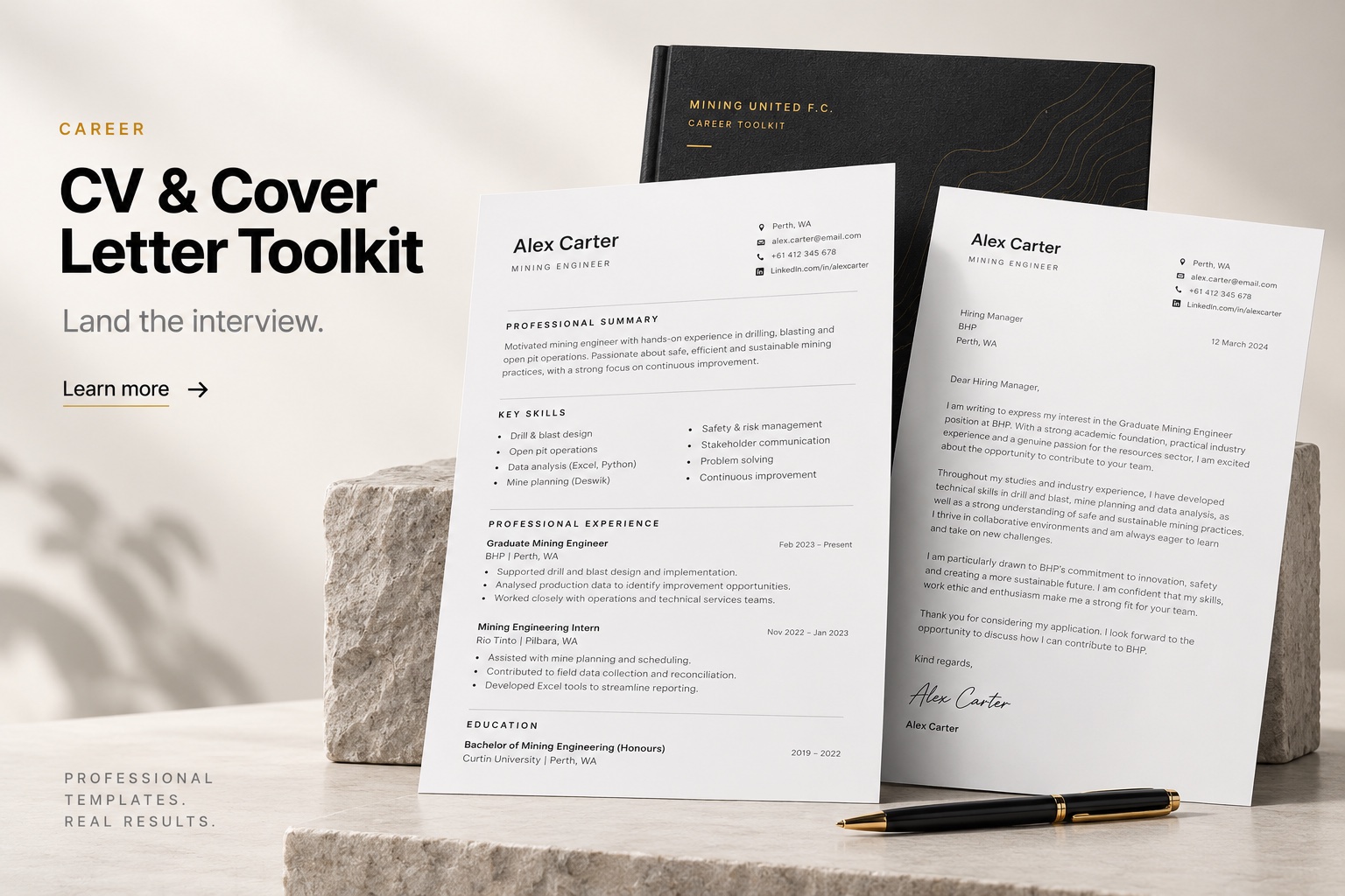 The CV & Cover Letter Toolkit — CV and cover letter templates with a hardcover career toolkit on a studio desk.