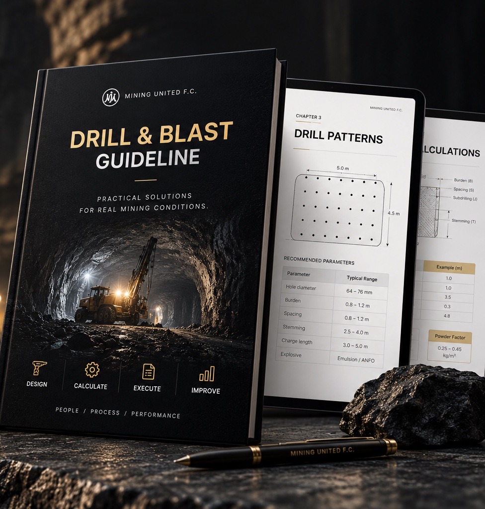 Drill & Blast Guideline — the guideline book beside a tablet showing drill patterns and blast parameters.