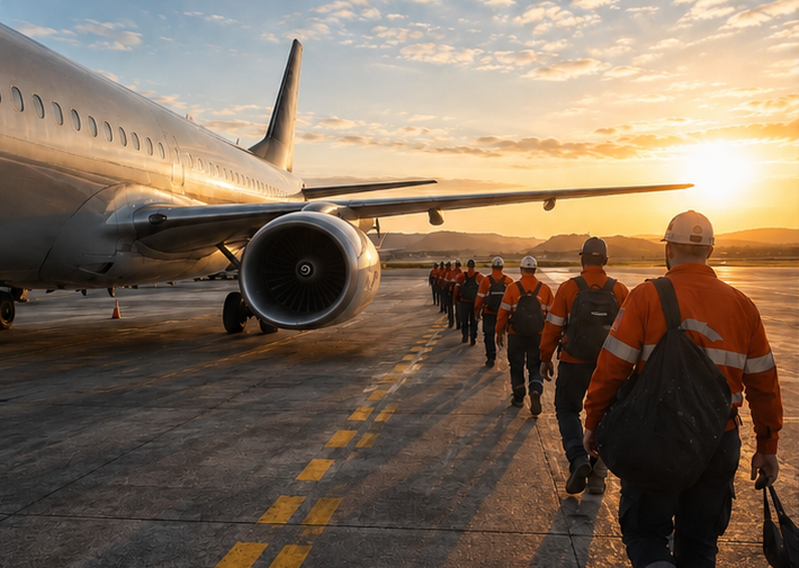 A line of FIFO workers in hi-vis walking across the tarmac toward their charter flight at sunrise.