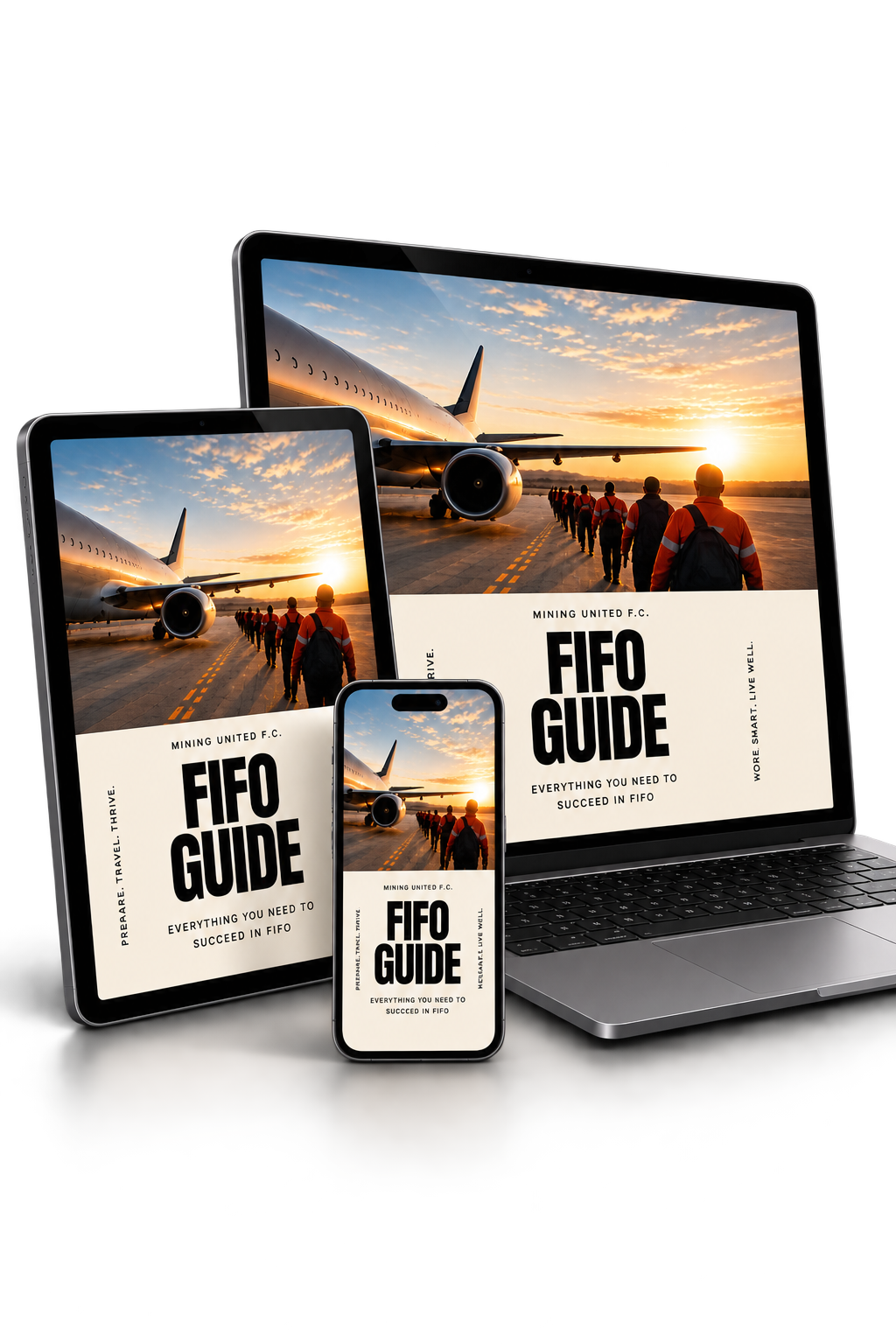 The FIFO Guide shown across a laptop, tablet and phone, each displaying the cover photo of FIFO workers walking toward their charter flight at sunrise.