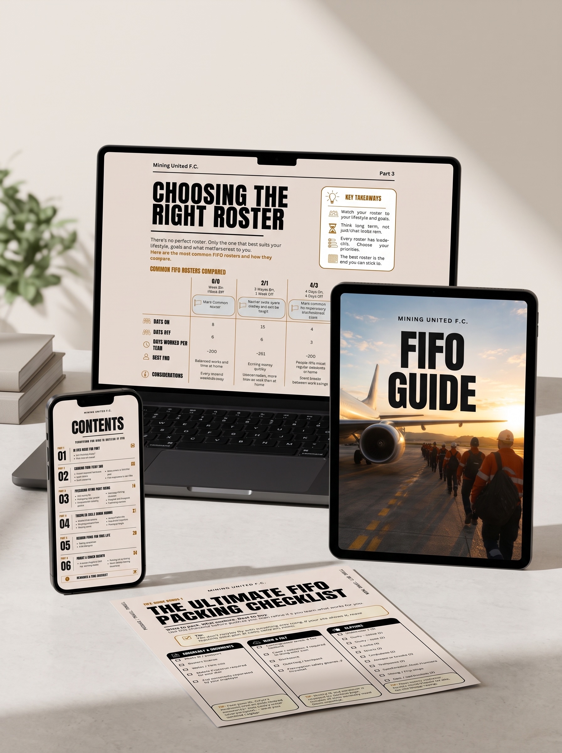 The FIFO Guide shown across a laptop, tablet and phone, with a printed packing checklist on the desk.