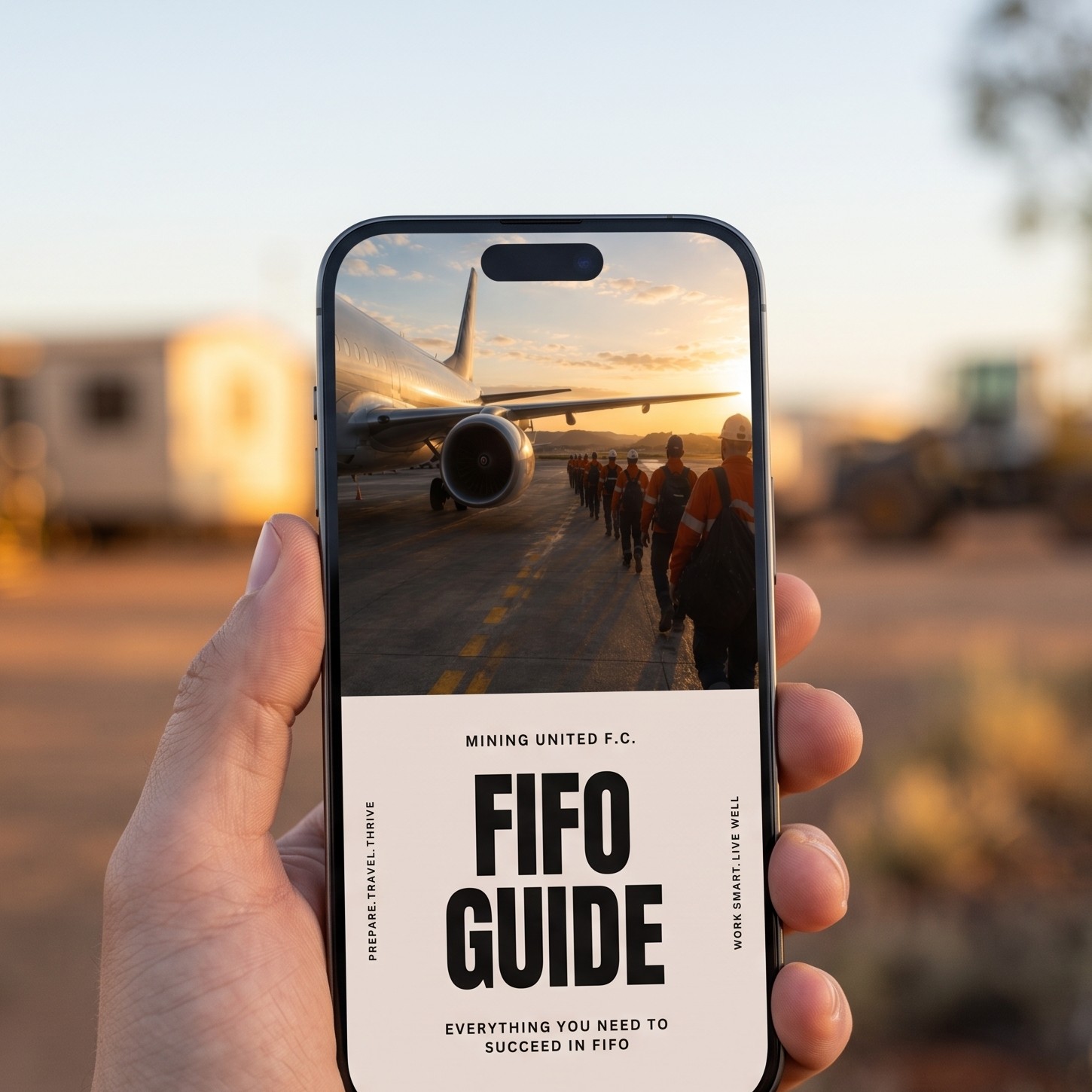 FIFO Guide — a hand holding a phone showing the FIFO Guide cover, with a mine-site runway blurred behind at sunset.