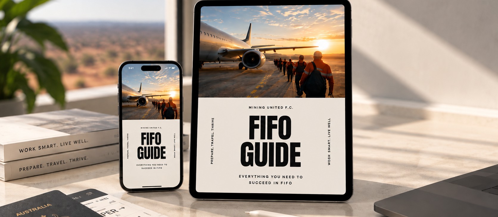 The FIFO Guide shown on an iPad and iPhone on a desk, with packed travel documents alongside.