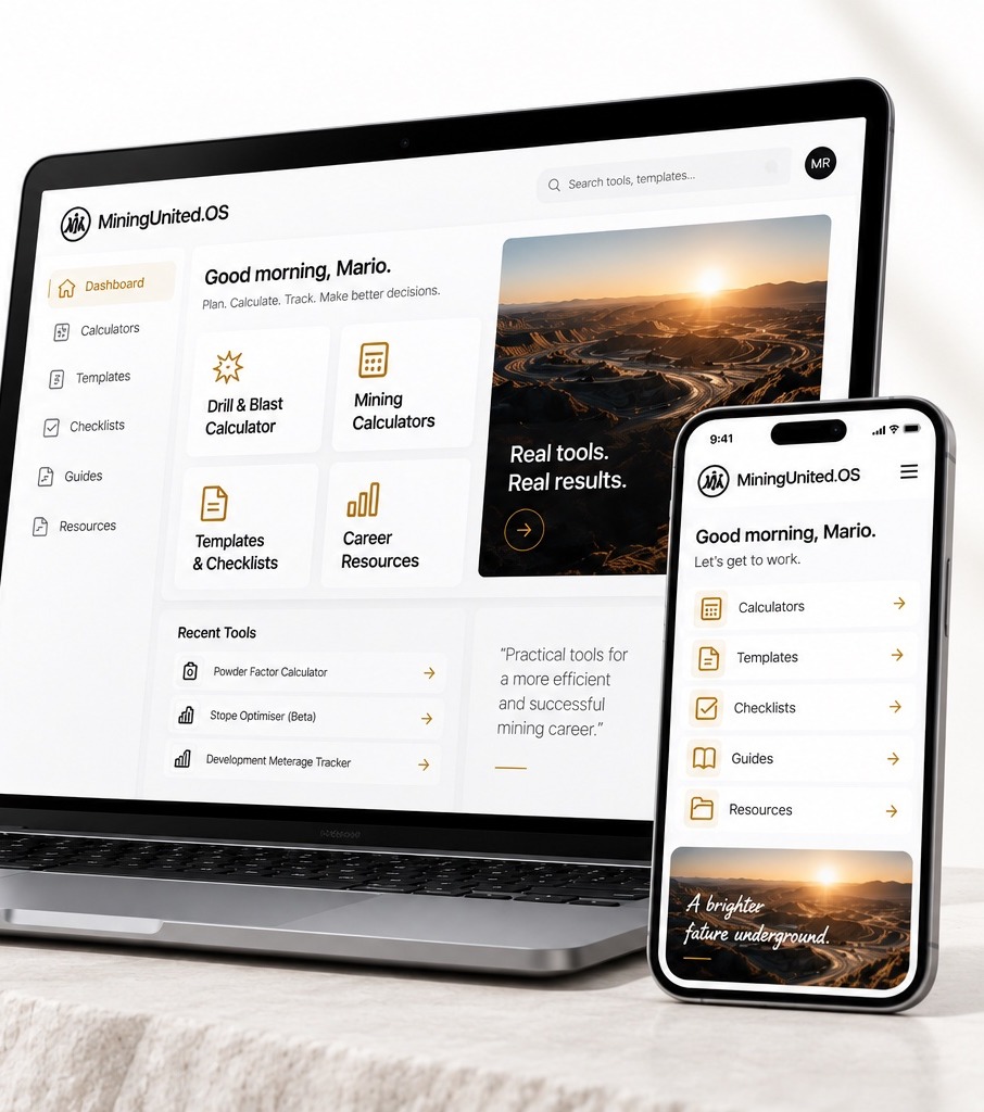 MiningUnited.OS — the all-in-one mining engineer platform shown on a laptop and phone.